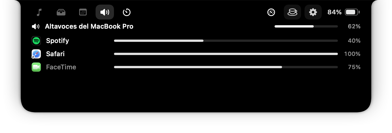 The notch's Sound tab: per-app volume